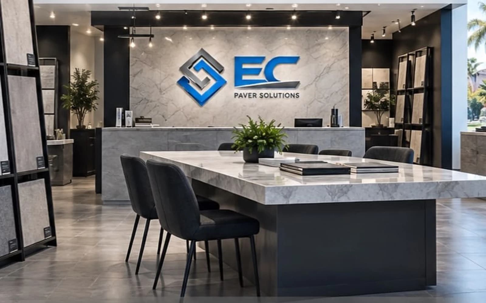 Interior of the new EC Paver Solutions showroom, with full-size porcelain and natural stone sample displays